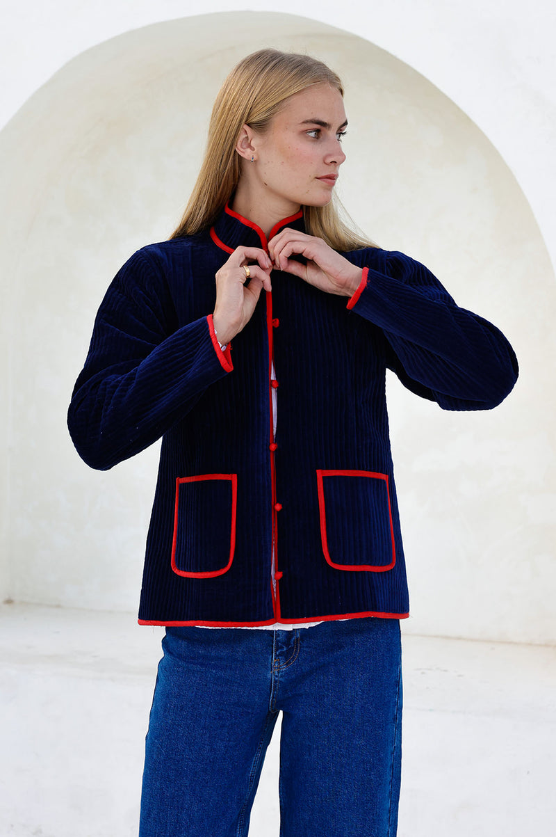 Velvet Quilted Jacket | Navy/Red