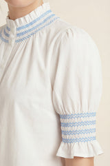 Embroidered Smocked Short Sleeve Blouse | White/Cornflower