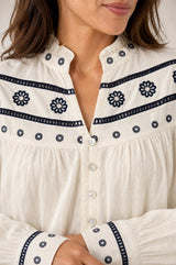 Embroidered Button Through Long Sleeve Blouse | Ecru/Navy