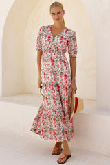 APPROVED Billie Short Sleeve Organic Cotton Dress | Ecru/Red - Aspiga