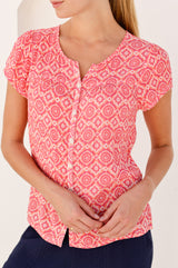 Lisbon Viscose Crinkle Blouse | Flower Tile Coral/Pink
