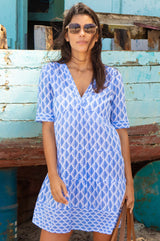 Santorini Organic Cotton Kaftan | White/Blue - Aspiga