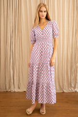 Billie Short Sleeve Organic Cotton Dress | Lily Flower White/Grey/Pink