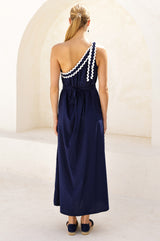One Shoulder Cotton Dobby Ric Rac Dress | Navy/Ivory