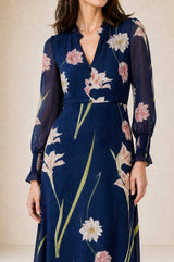 RHS Printed V Neck Chiffon Dress | Navy