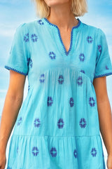 India Embroidered Organic Cotton Dress | Turquoise/Cobalt