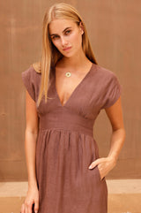 V-Neck Linen Dress | Chocolate - Aspiga