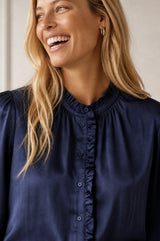 Frill Detail Satin Blouse | Navy
