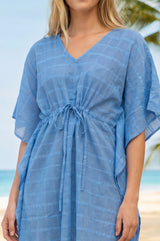 Pom Pom Check Pareo Manilla Kafan | Blue