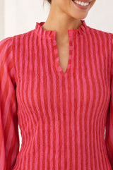 Long Sleeve Stripe Shirred Blouse | Red/Pink