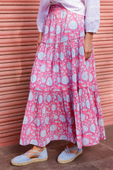 APPROVED Becks Organic Cotton Block Print Skirt | Sunflower Pink/Cobalt - Aspiga