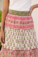 Tiered Block Print Midi Skirt | White/Green/Pink