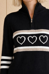 Merino Wool Stripe Hearts Quarter Zip | Black/Off White/Taupe