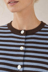 Merino Wool Button Through Stripe Cardigan | Chocolate/Light Blue