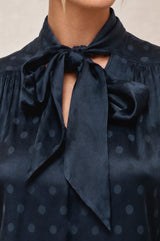 Tie Neck Satin Spot Jacquard Blouse | Navy