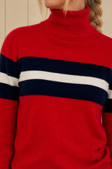 Merino Wool Stripe Polo Neck Jumper | Red/Navy/Off White