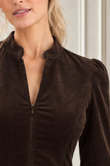 Stretch Corduroy Zip Front Short Dress | Chocolate