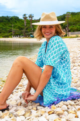 Santorini Cotton Kaftan | White/Turquoise