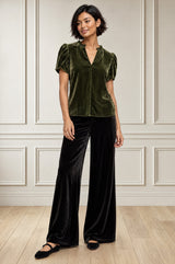 Tulip Sleeve Velvet Blouse | Dark Olive