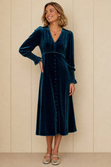 Sally Anne Velvet Long Sleeve Dress | Teal
