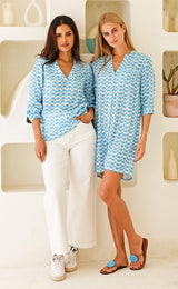 Mila Viscose Crinkle Shirt Tunic | White/Turquoise