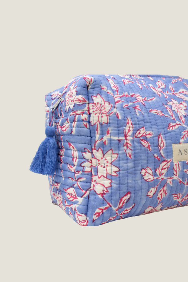 Block Print Medium Wash Bag | Japanese Flower Marina Blue