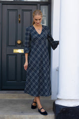 Elizabeth Check V Neck Dress | Blue/Grey