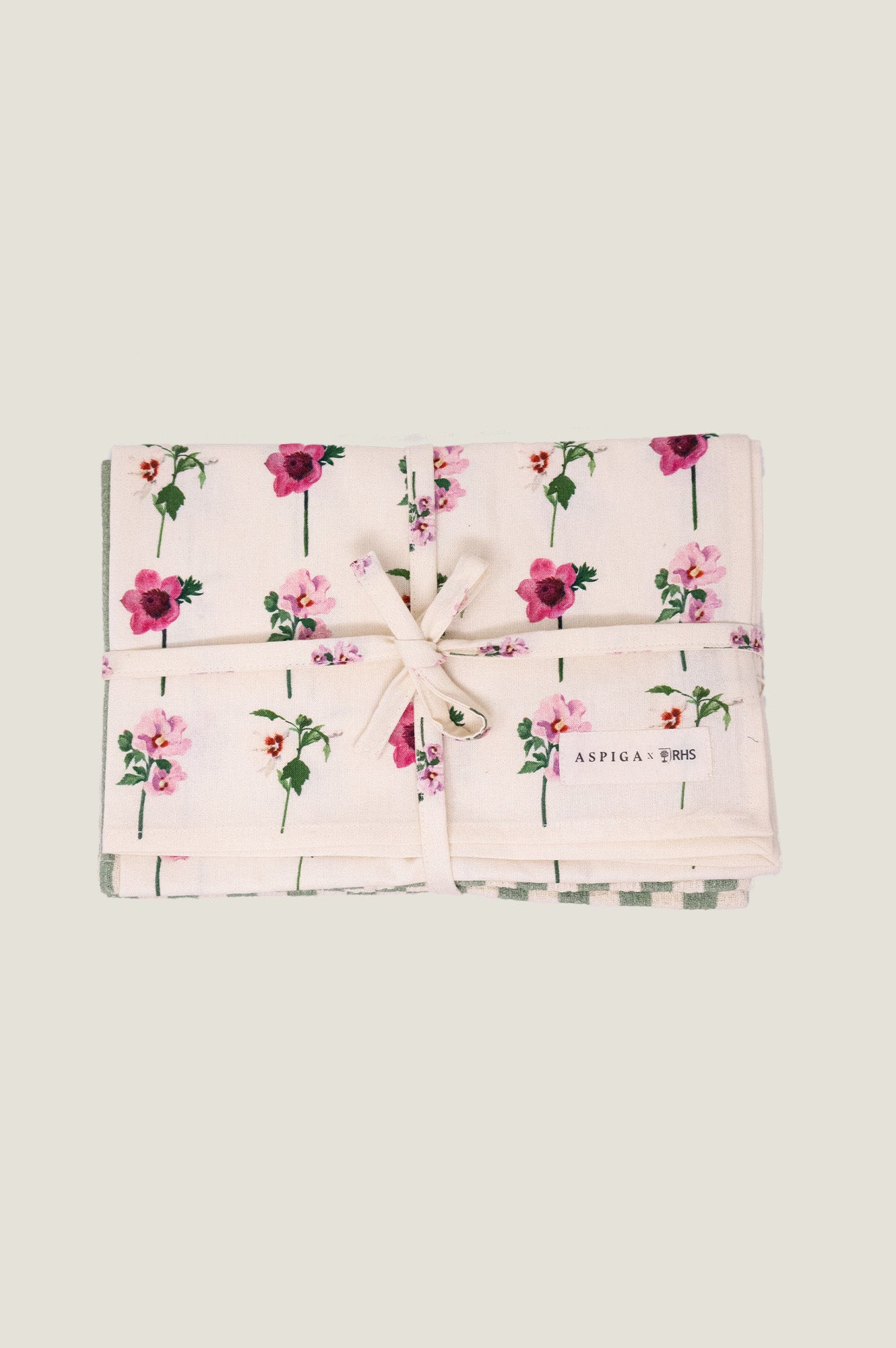 RHS Block Print Organic Cotton Tea Towel Set Of 2 | Sage/Cream