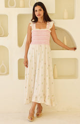 Rhianna Embroidered Flutter Sleeve Dress | Ecru/Multi - Aspiga