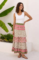 Tiered Block Print Midi Skirt | White/Green/Pink