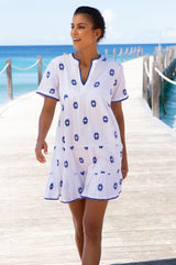 India Embroidered Organic Cotton Dress | White/Blue