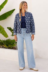 Cotton Printed Quilted Reversible Jacket | Navy/White