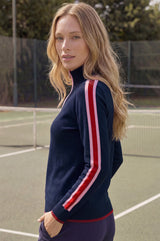 Merino Wool Overarm Stripe Quarter Zip Jumper | Navy/Pink/Red