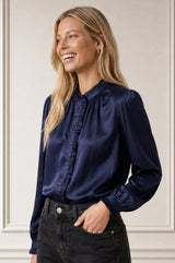 Frill Detail Satin Blouse | Navy