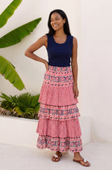 Tiered Block Print Midi Skirt | Pink/Navy