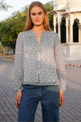 Nina Tie Neck Printed Top | Blue