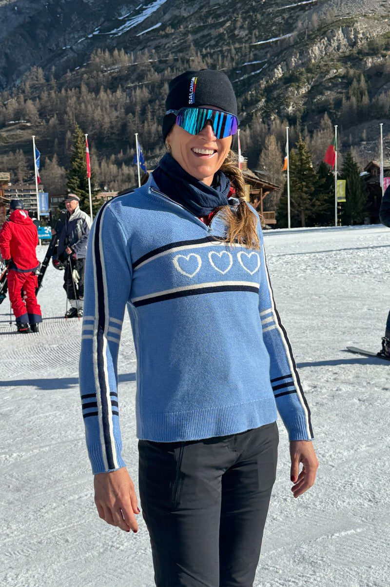 Merino Wool Stripe Hearts Quarter Zip | Blue/Cream/Navy