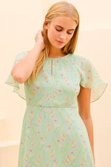 RHS Printed Cape Sleeved Dress | Sage - Aspiga