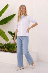 Embroidered Smocked Short Sleeve Blouse | White/Cornflower