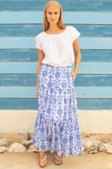APPROVED Becks Organic Cotton Block Print Skirt | Geo White/Cobalt - Aspiga