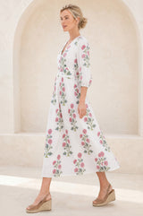Jyoti Cotton Midi Dress | White/Pink/Green