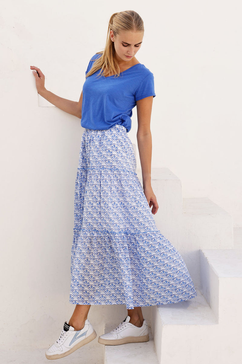 Bea Printed Organic Cotton Skirt | Clover Arches White/Blue