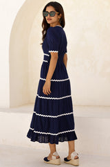 Viola Short Sleeve Organic Cotton Ric Rac Dress | Navy/Ivory