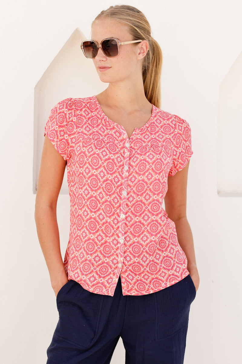 Lisbon Viscose Crinkle Blouse | Flower Tile Coral/Pink