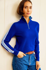 Merino Wool Overarm Stripe Quarter Zip Jumper | Cobalt/Navy/Cream