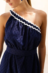 One Shoulder Cotton Dobby Ric Rac Dress | Navy/Ivory