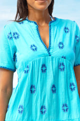 India Embroidered Organic Cotton Dress | Turquoise/Cobalt - Aspiga