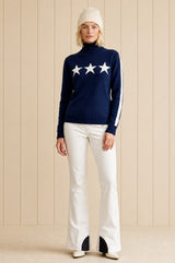 Merino Wool Star Polo Neck Jumper | Navy/Off white