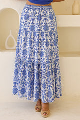 APPROVED Becks Organic Cotton Block Print Skirt | Geo White/Cobalt - Aspiga