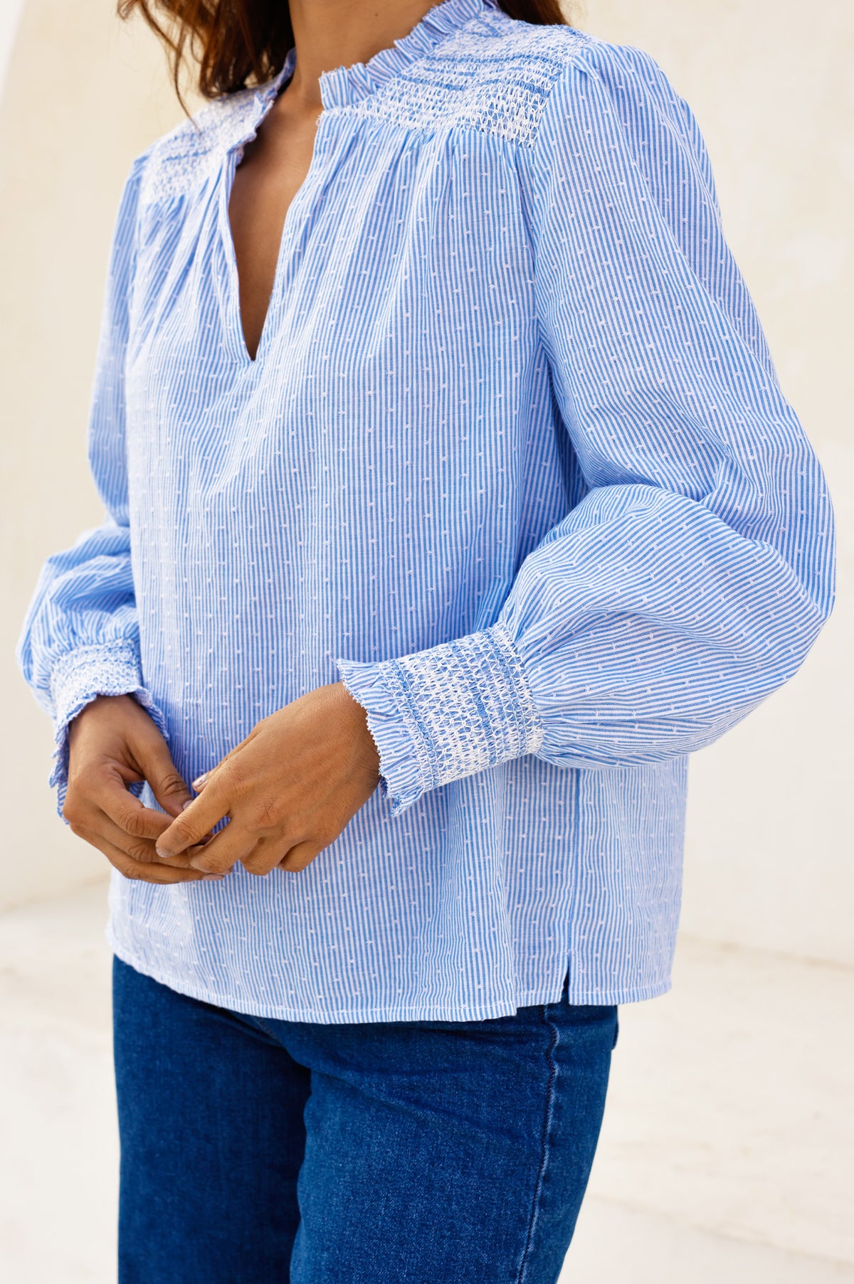 Aspiga Sustainable Womens Smocked Stripe Dobby Blouse Summer